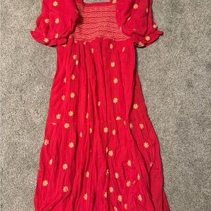 Free People Red Midi Dress with Yellow Floral Embroidery